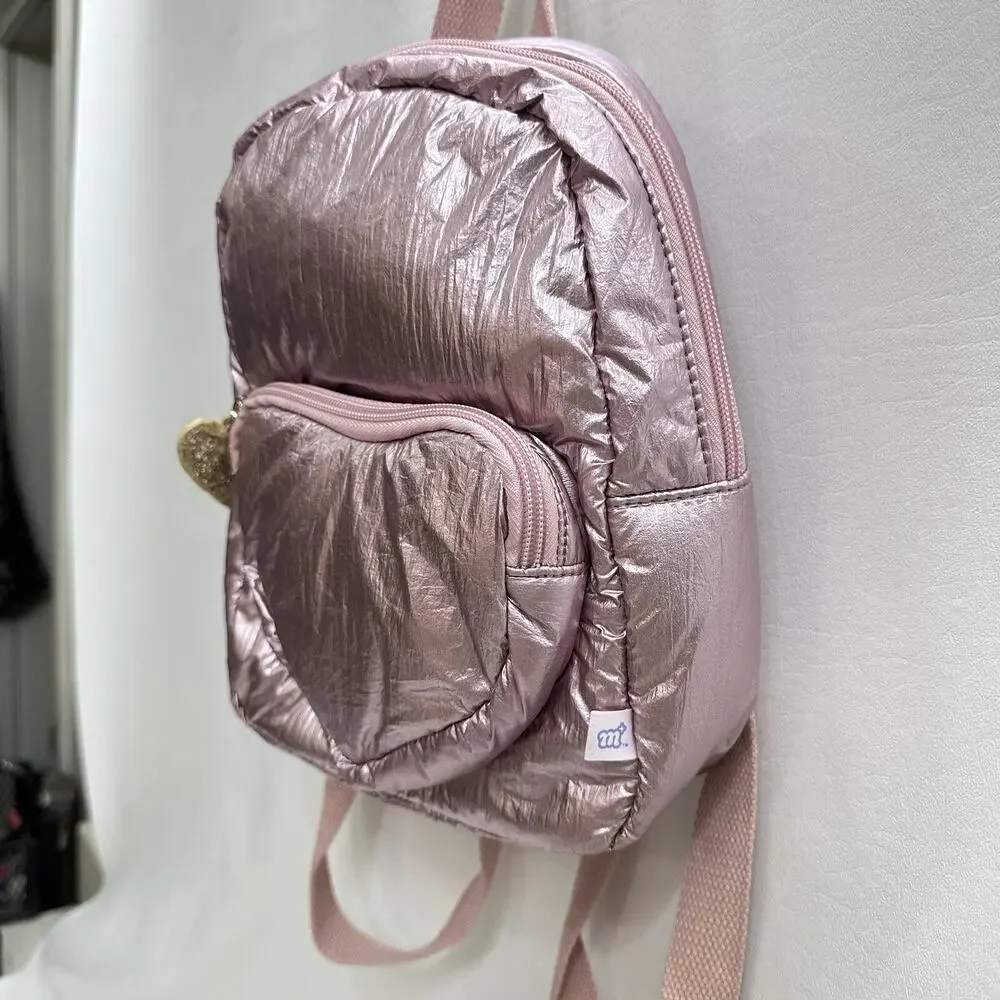 More Than Magic Backpack Kids Pale Pink Iridescent Metallic Heart Pocket Straps